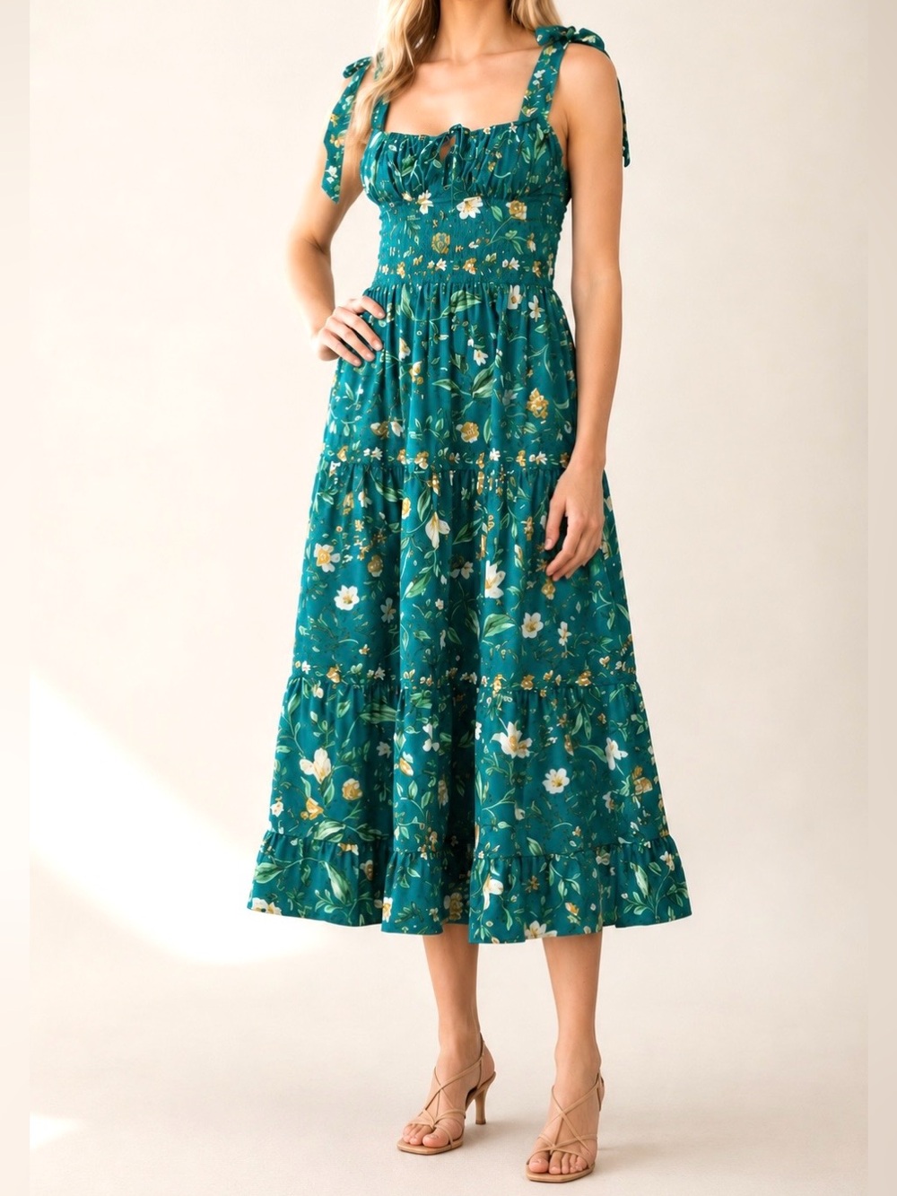 *NWT* MOON RIVER Green Floral Tie-Shoulder Midi Dress